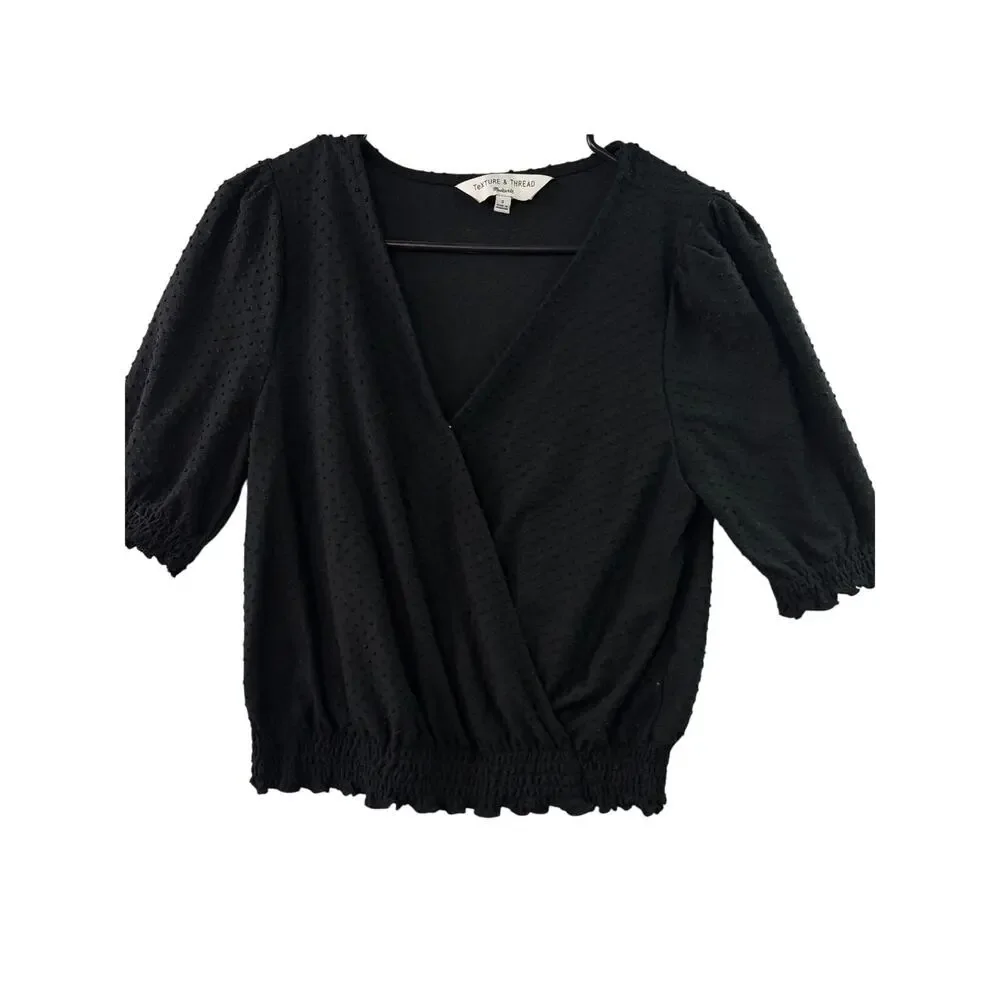 Madewell Texture & Thread Clipdot Smocked Crossover Top – Black – Size S